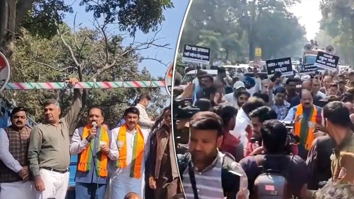 AI समिट में हंगामे के खिलाफ BJP का हल्ला बोल, कांग्रेस ऑफिस के सामने प्रदर्शन